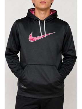 Nike Therma-FIT Men's Medium Black Hoodie Red Pink Camo Swoosh Pullover. Size M